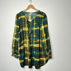 Catherine’s Women’s Green Yellow Art To Wear Tassel Plaid Top Plus Size 2X